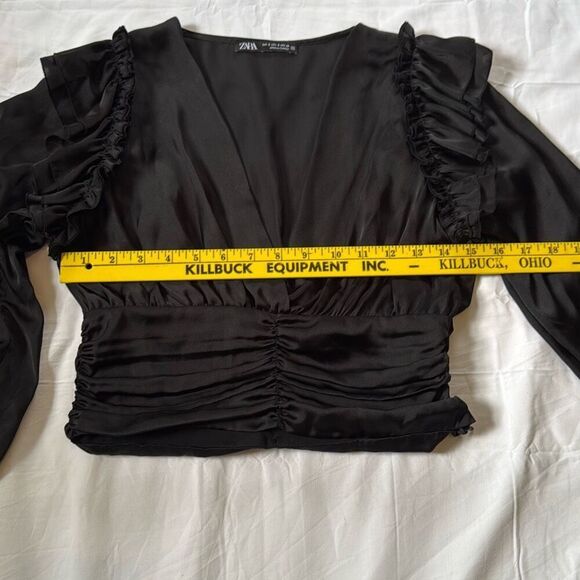 Zara black satin ruffle layered blouse shirt women’s size small long sleeve dark - Picture 6 of 8